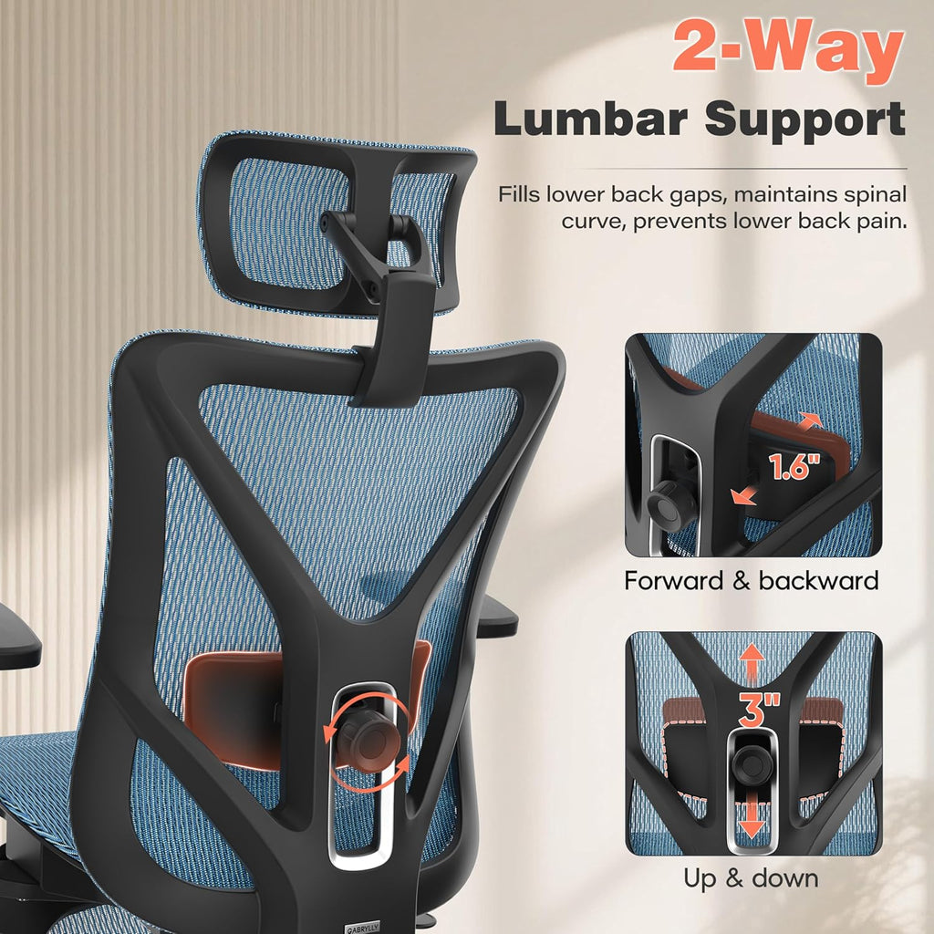 GABRYLLY Ergonomic Office Chair - 135° Reclining Desk Chair with Adjustable Lumbar Support, 3D Armrest, Large Headrest & Heavy Duty Steel Base, 300LBS Mesh Task Chair, Navy Blue