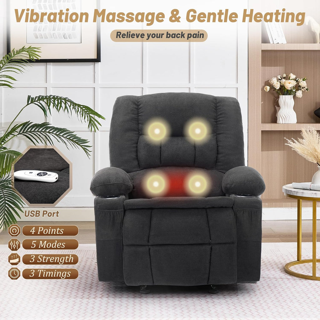 Rocker Recliner Chair with Massage and Heat, Nursery Rocking Chairs for Living Room, Recliner Chair for Adults, Ergonomic Comfy Relining Chair with Cup Holders, USB Charge Port, Side Pockets, Black