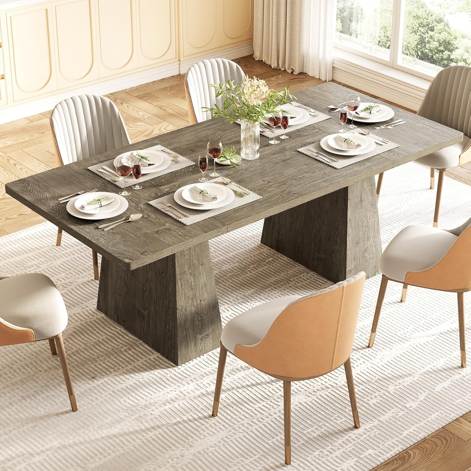 LITTLE TREE Dining Table for 6 People, Wooden Table, Rectangle Furniture with Heavy Duty Legs, Modern Kitchen Table for Home, Dining Room, Grey