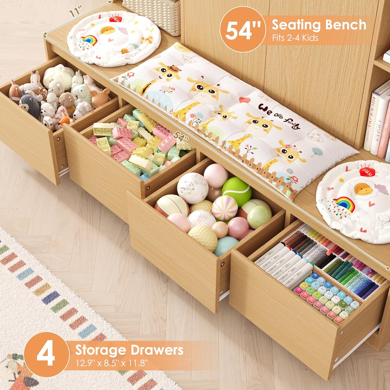 HIFIT 4-In-1 Kids Bookshelf and Toy Storage Organizer with Bench, 10-Cubes Kids Bookcase w/Reading Nook & 4 Sliding-Drawers & 2 Doors, Toy Chest Storage Cabinet for Playroom, Nursery,Classroom,Natural
