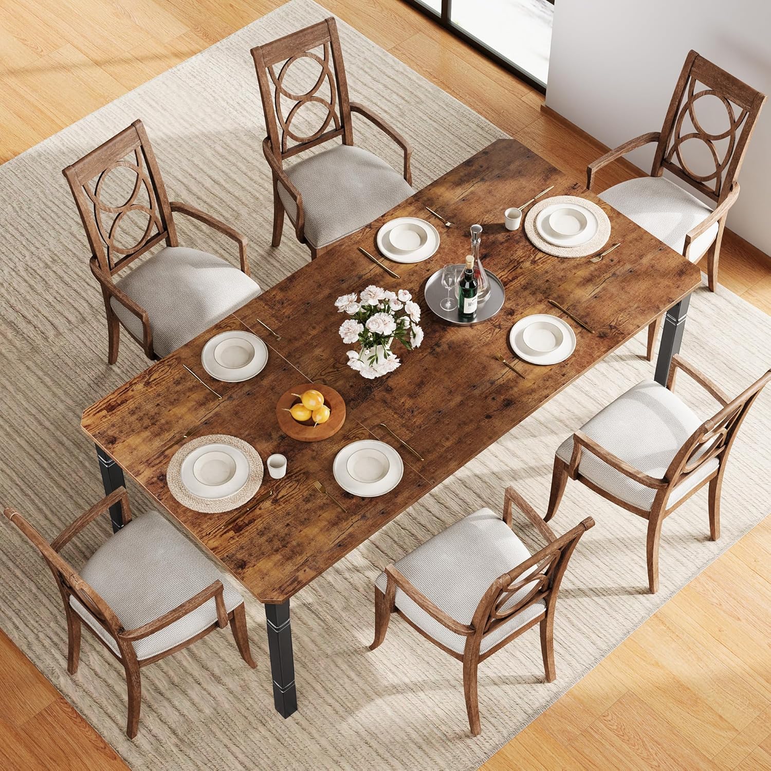 Garvee Large Dining Table for 6-8 People, 71" Wooden Kitchen Table with Sturdy Metal Frame, Dining Room Table for Dining Room, Kitchen, Black Leg & Retro