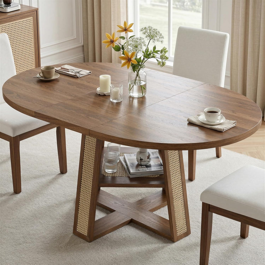 43"-59" Extendable Round Dining Table for 4-8, Transformer Oval Dining Room Table with Removable Leaves Space Saving, Wood Base Kitchen Table with Storage Shelf for Living Room, Walnut