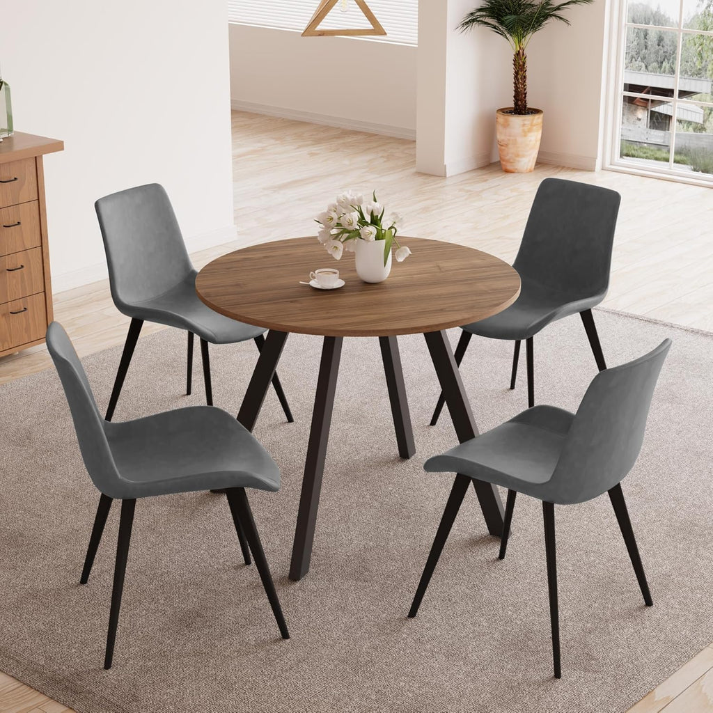 Zerifevni 34.6'' Round Dining Table and Chairs for 4 Space Saving for Apartment Kitchen Dining Room (Walnut Table+4 Grey Chairs)