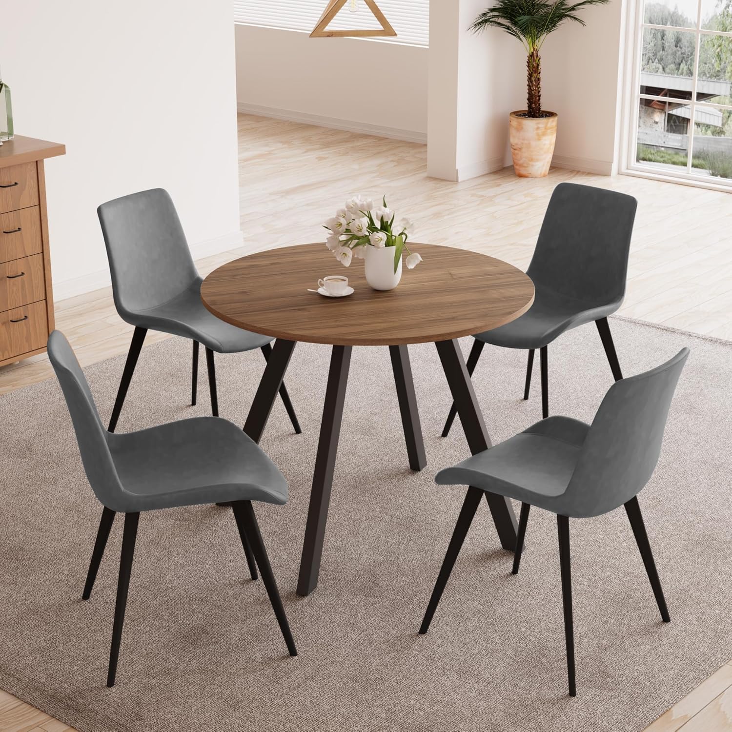 Zerifevni 34.6'' Round Dining Table and Chairs for 4 Space Saving for Apartment Kitchen Dining Room (Walnut Table+4 Grey Chairs)