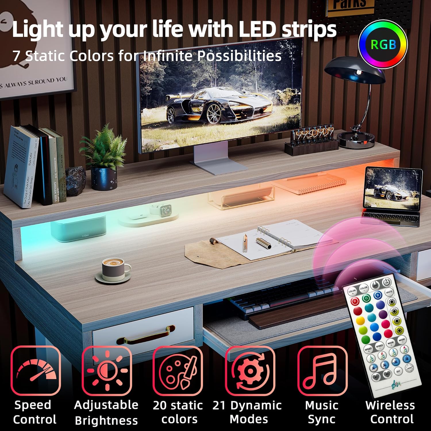 TIQLAB Standing Desk with Two Drawers, Stand Up Standing Desk Adjustable Height, Electric Sit Stand Table with Storage Shelf and Splice Board, with LED Light, 47 * 28 inch, Light Walnut