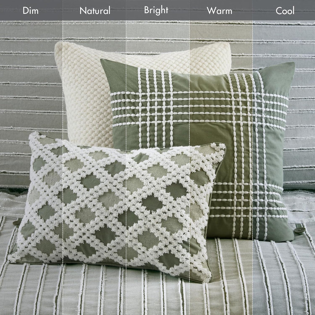 Madison Park Comforter Set Cotton Clipped Jacquard, Oversized Comforters, All Season Down Alternative Overfilled King Size Comforter, Essence, Green 9 Piece