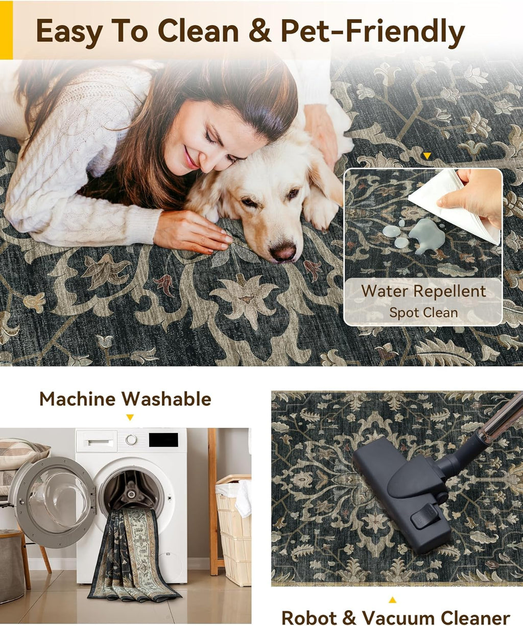 RELEANY Area Rugs 9'x12' Washable Non-Slip, Floral Vintage Distress Print Pattern Medallion Carpet for Living Room Bedroom Dining Room, Vintage Black Brown Neutral