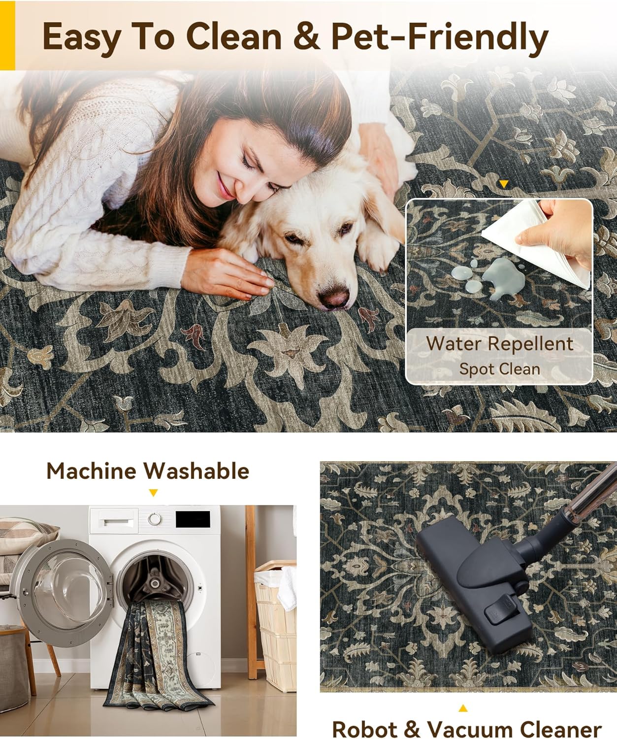 RELEANY Area Rugs 9'x12' Washable Non-Slip, Floral Vintage Distress Print Pattern Medallion Carpet for Living Room Bedroom Dining Room, Vintage Black Brown Neutral