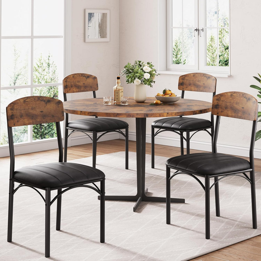 Jocoevol Dining Chairs Set of 4 - Upholstered Dining Room Chairs with PU Leather, Industrial Kitchen Chairs with Wooden Backrest and Thickened Metal Legs, for Dining Room, Living Room (Vintage)