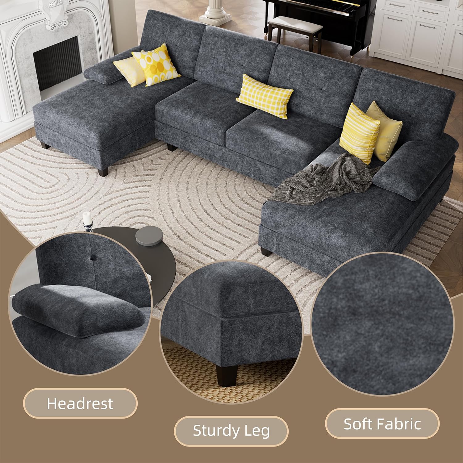 U-Shaped Sectional Couches for Living Room, 4 Seat Sofa with Double Chaise Lounges,Solid Wood Frame Sectional Sofa for Apartment,Dark Grey