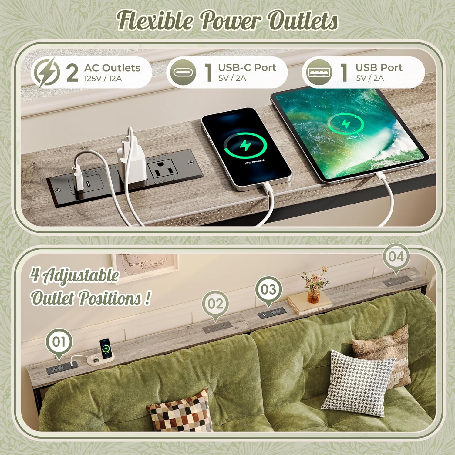 Huuger 102.4 Inch Sofa Table with Power Outlets, 23.9’’-34.4’’ Height Adjustable Range, Behind Couch Table with USB-C Ports, Sofa Tables Narrow Long, Skinny Console Table, Small Spaces, Oak