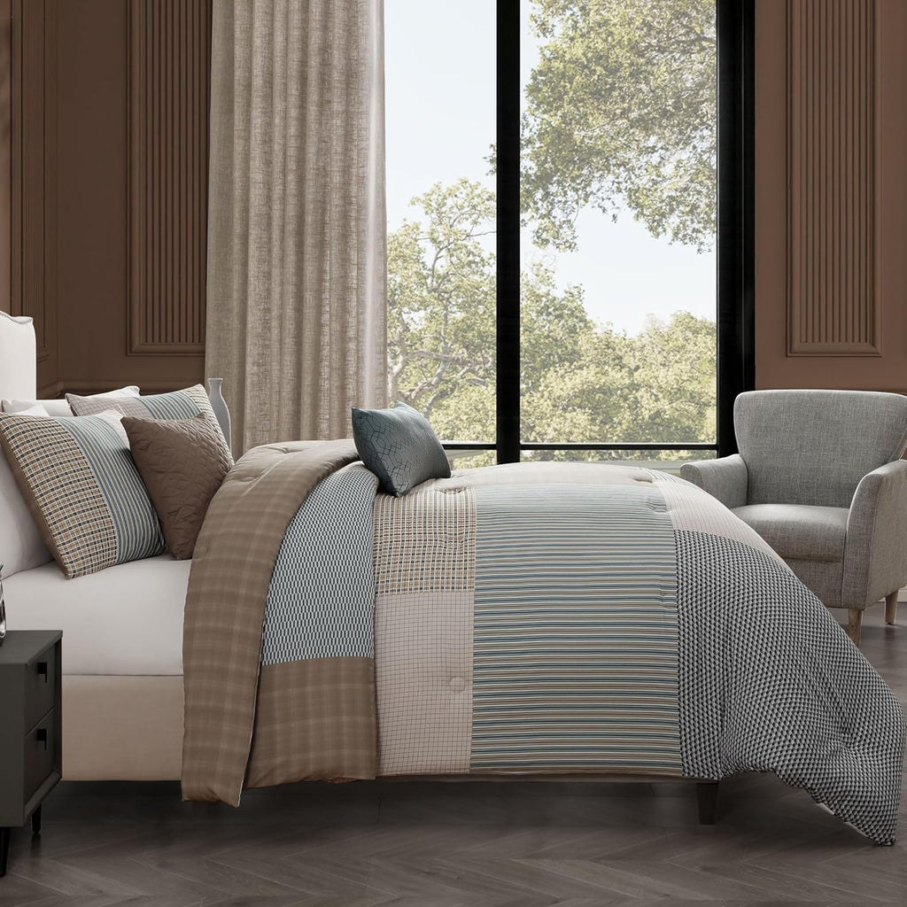 Bebejan Tranquil Patch 5 Piece Comforter Set, 100% Cotton Sateen, 220 Thread Count, Blue Reversible Bedding Comforter Set, 1 Comforter, 2 Shams & 2 Pillows (King/Cal King)