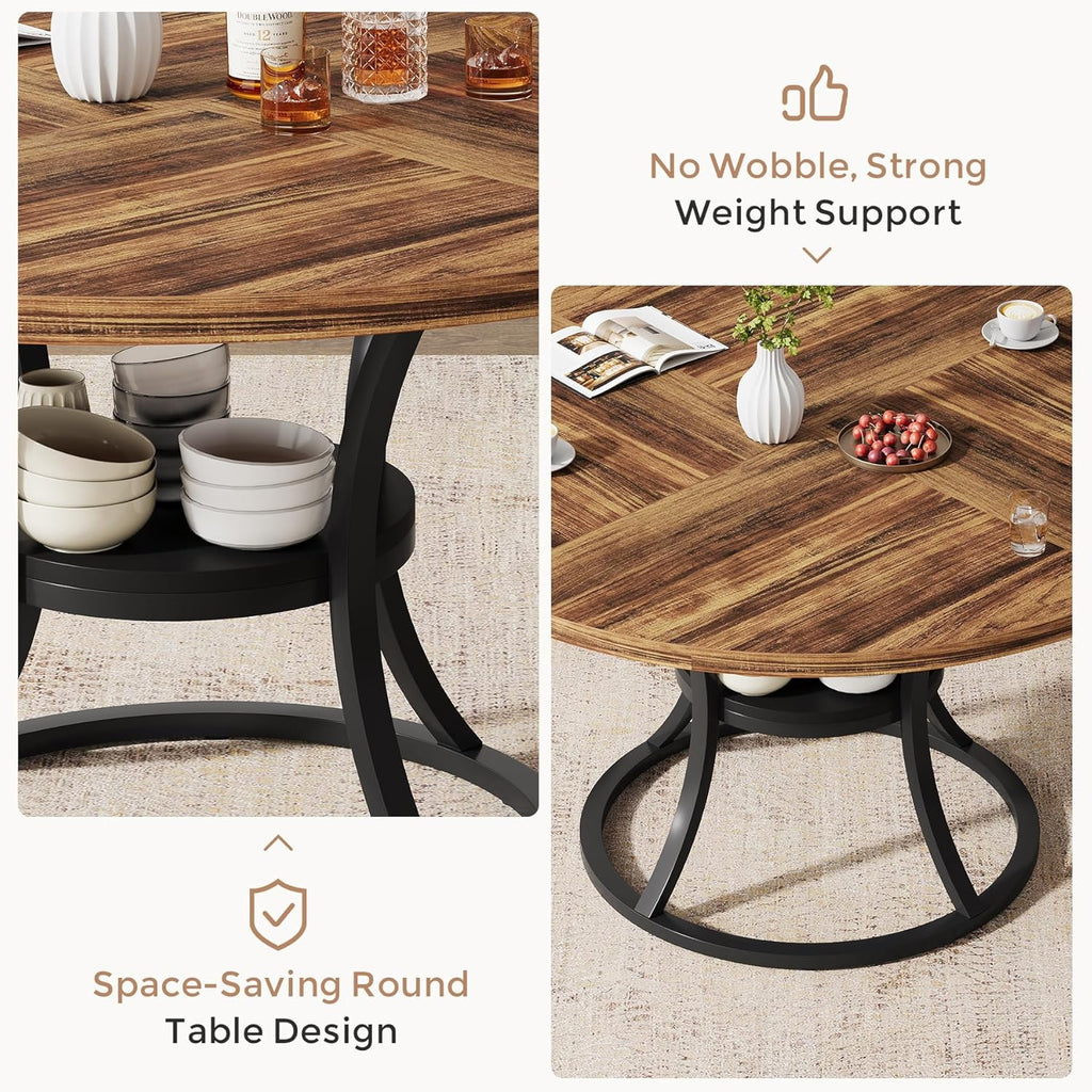 47'' Round Dining Table for 4-6, Farmhouse Dining Room Table with Storage Shelf, Space-Saving Kitchen Table with Metal Base for Kitchen & Dining Room, Table Only (Brown & Black)