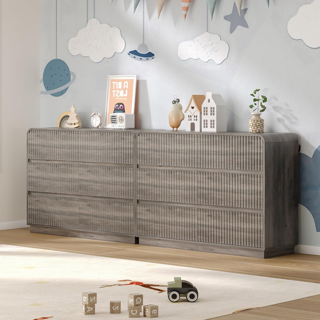 BORNOON Dresser for Bedroom with 6 Drawers, Fluted Chest of Drawers with Round Curved Corner, Hidden Handles, Modern Wood Storage Organizer for Bedroom, Nursery, Living Room