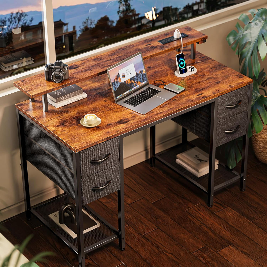 Huuger 47 inch Computer Desk with 4 Drawers, Gaming Desk with LED Lights & Power Outlets, Home Office Desk with Large Storage Space for Bedroom, Work from Home, Rustic Brown and Black