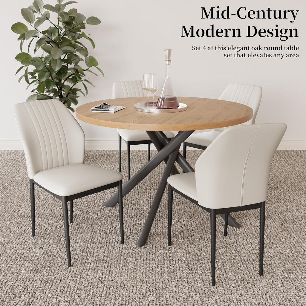 HIPIHOM 45.3 Inch Round Dining Table Set for 4, Mid Century Modern Small Kitchen Coffee Set for Dining Room Kitchen Apartment (Oak Table + 4 White Chairs)