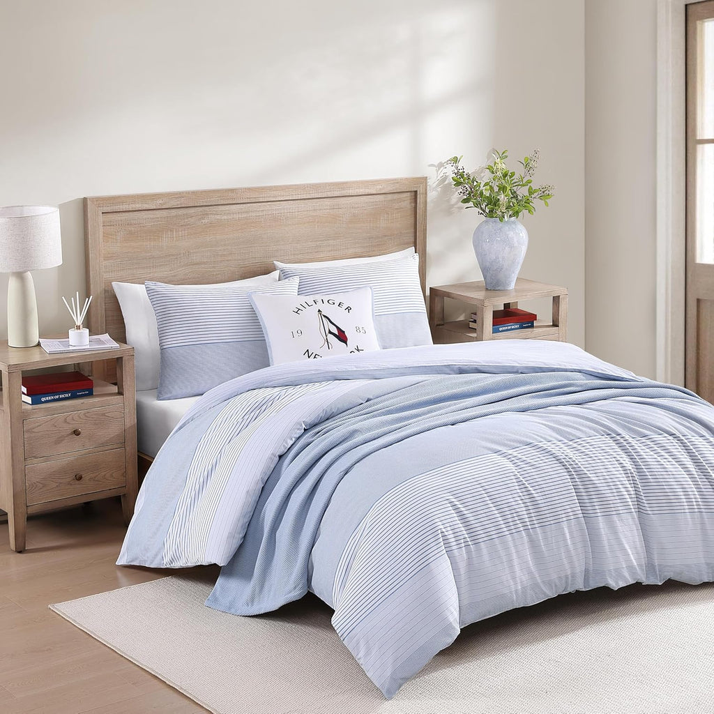 Tommy Hilfiger - King Comforter Set, Super Soft Bedding with Matching Sham, Breathable Bed Essentials (Modern Stripe White, King)