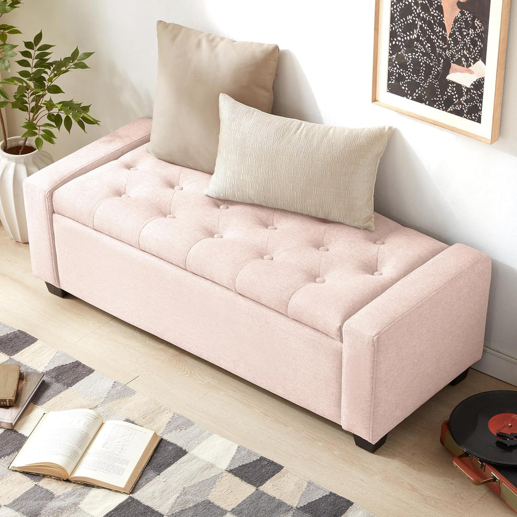 Huatean Home 48" Ottoman with Storage, Pink Storage Ottoman Bench with Safety Hinge, Upholstered Entryway Bench with Seating for Bedroom, Living Room, Holds up to 330 lb