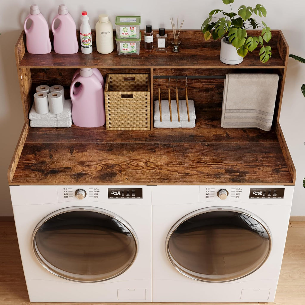 Unionly 2-Tier Washer Dryer Countertop with Clothes Rail，Laundry Topper with Edge and Non-Slip Pad for Washer and Dryer Laundry Hamper Counter Storage Organization (Rustic Brown, Full)