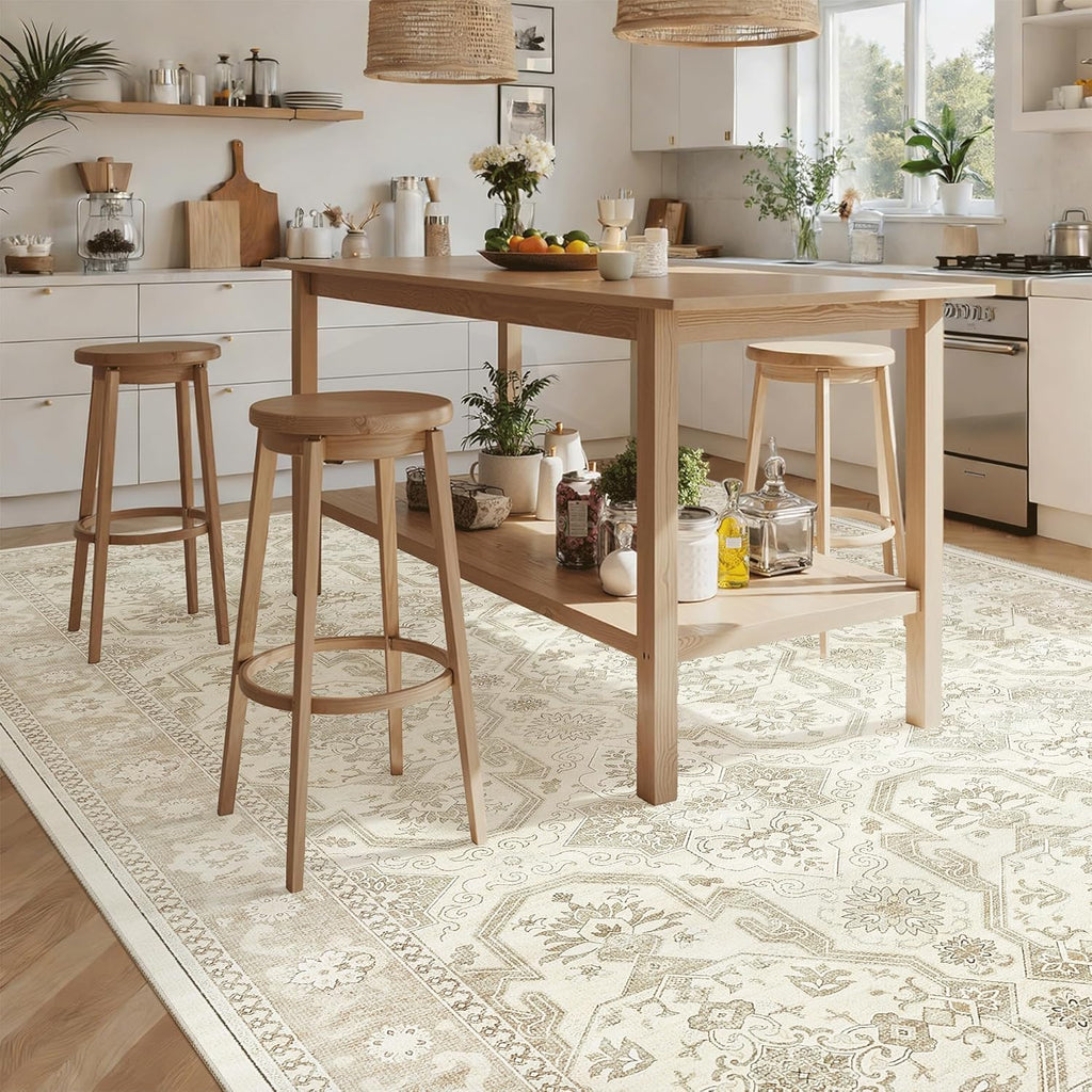 Soalmost 9x12 Area Rugs for Living Room, Non Slip Machine Washable Vintage Rugs, Low Pile Lightweight Large Rug for Bedroom, Dining Room, Home Office Beige/Brown
