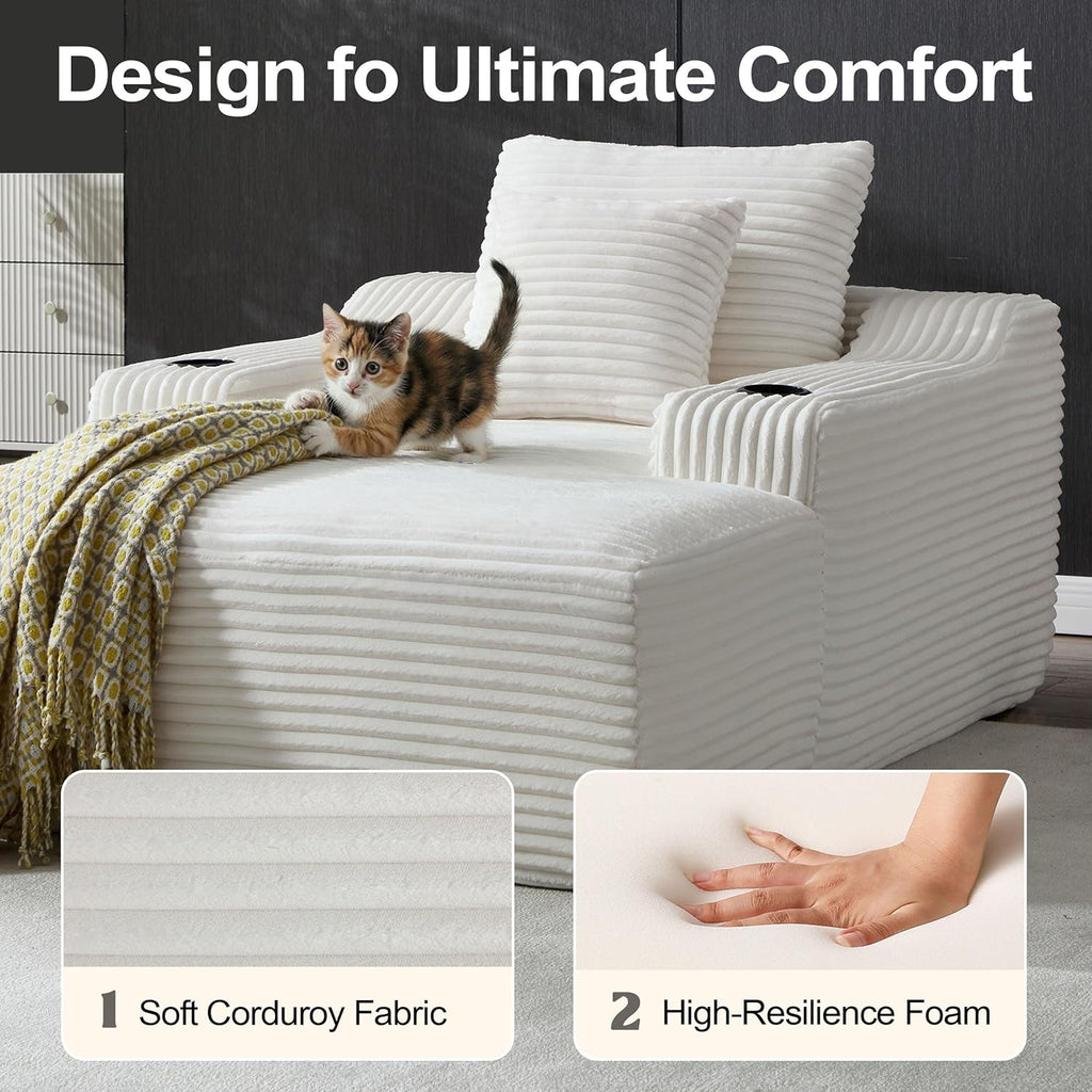 Chaise Lounge Chair Indoor, Cloud Sofa Bed with Cup Holders, Corduroy Upholstered Couch with 17.71" Seat High, Lazy Sofa Bed for Living Room Apart, Fully Assembled - White