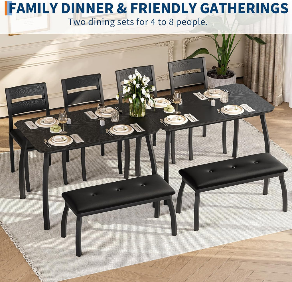 IDEALHOUSE 43'' Dining Table Set for 4, Wooden Kitchen Table with Upholstered Bench & 2 Cushion Chairs, Industrial Dinette Set for Studio, Kitchen, Dining Room, Apartment, Black