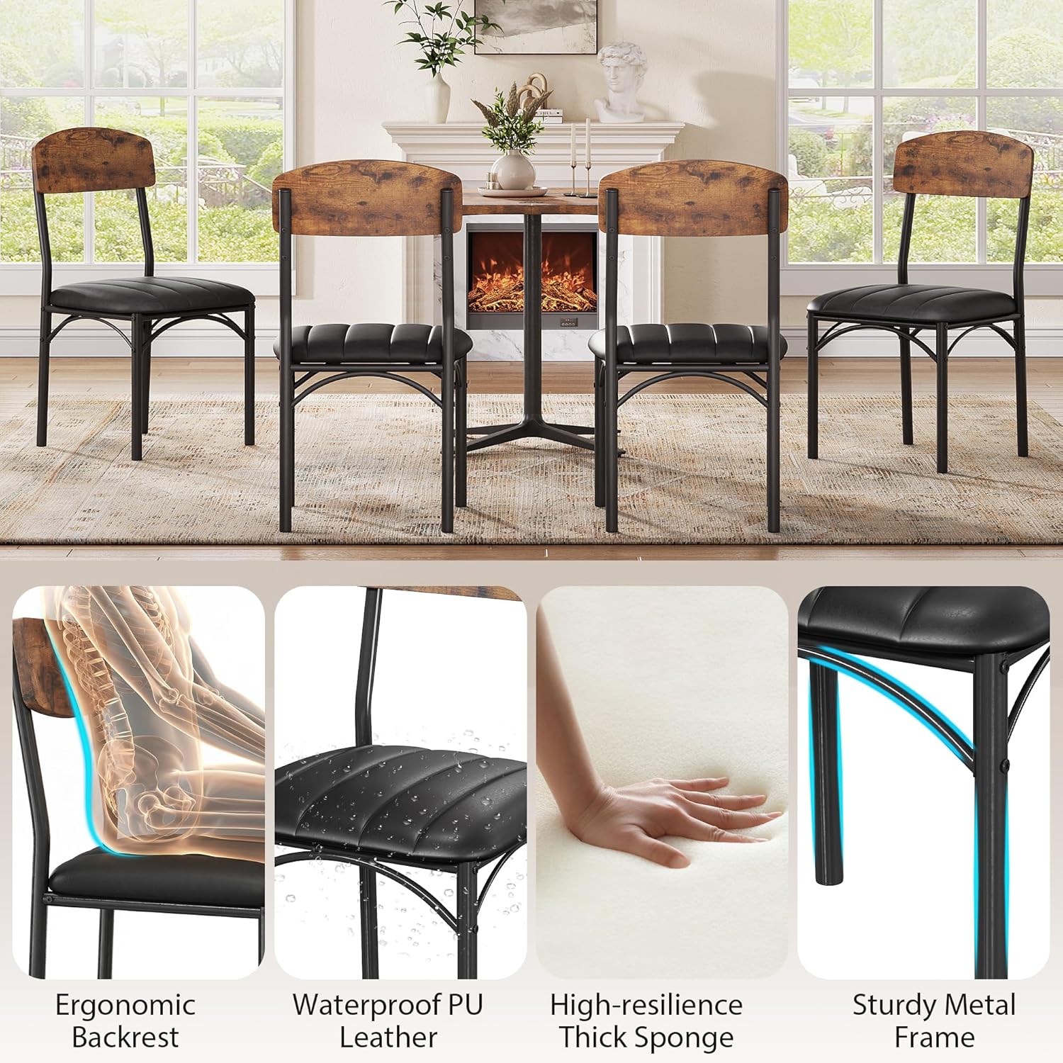 Jocoevol Dining Chairs Set of 4 - Upholstered Dining Room Chairs with PU Leather, Industrial Kitchen Chairs with Wooden Backrest and Thickened Metal Legs, for Dining Room, Living Room (Vintage)