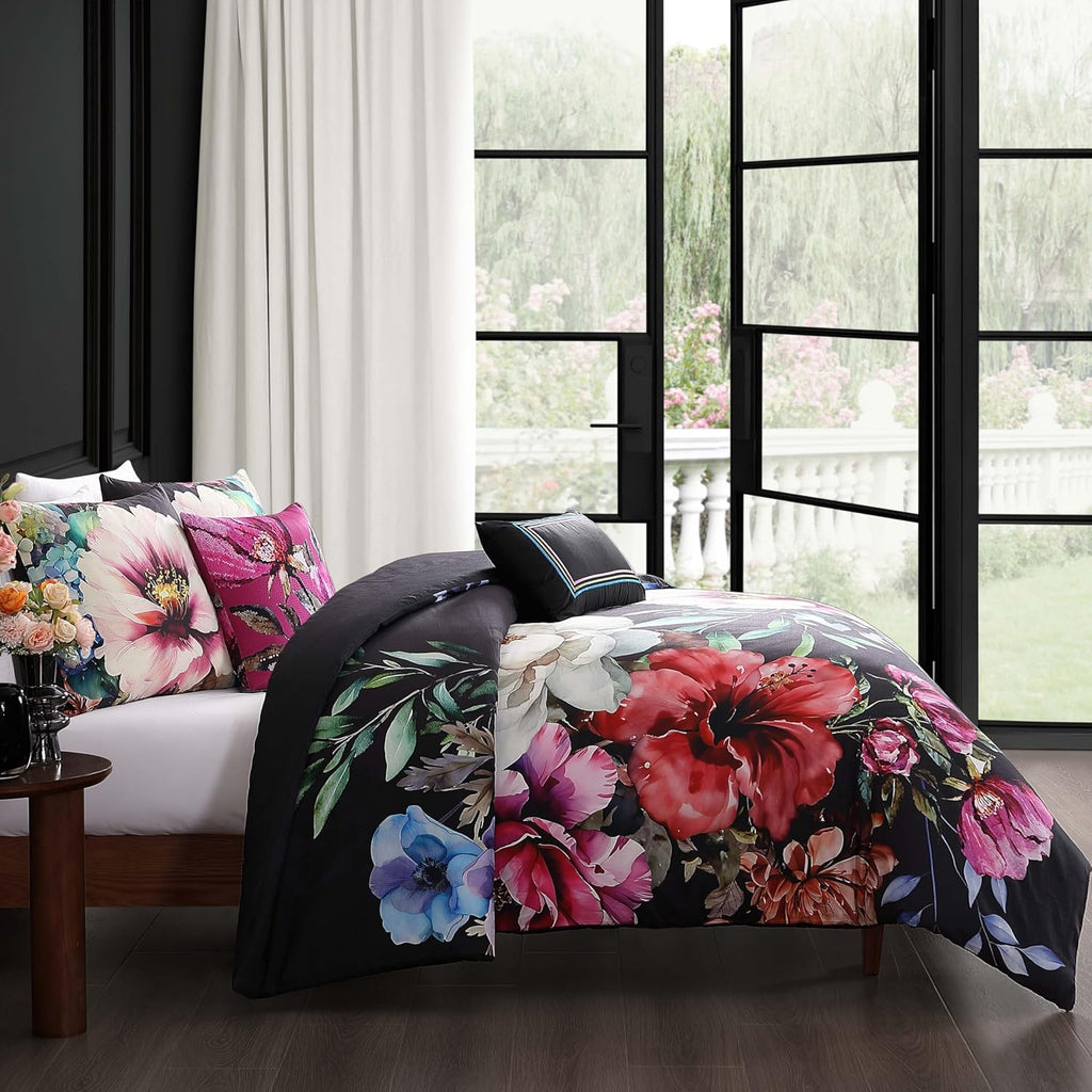 Bebejan Black Night Poppies 5 Piece Comforter Set, 100% Cotton Sateen, 220 Thread Count, Reversible Bedding Comforter Set, 1 Comforter, 2 Shams & 2 Pillows (King/Cal King)